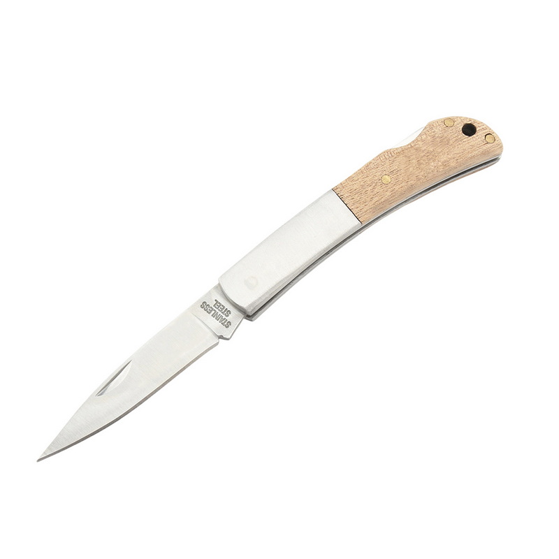 Factory Direct OEM Stainless Steel Blade Wooden Handle Industrial Grade Straight Edge 1 Blade Pocket Knife Folding