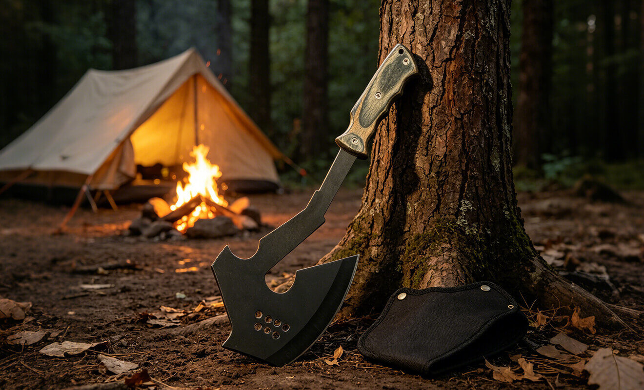 The axe blade points towards the wilderness, cleaving away the romanticism and confidence of the wilderness.